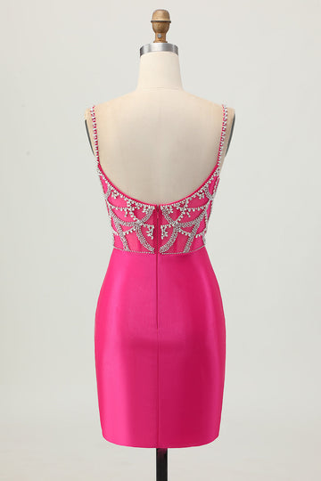 Fuchsia Bodycon Spaghetti Straps Satin Short Prom Dress with Slit